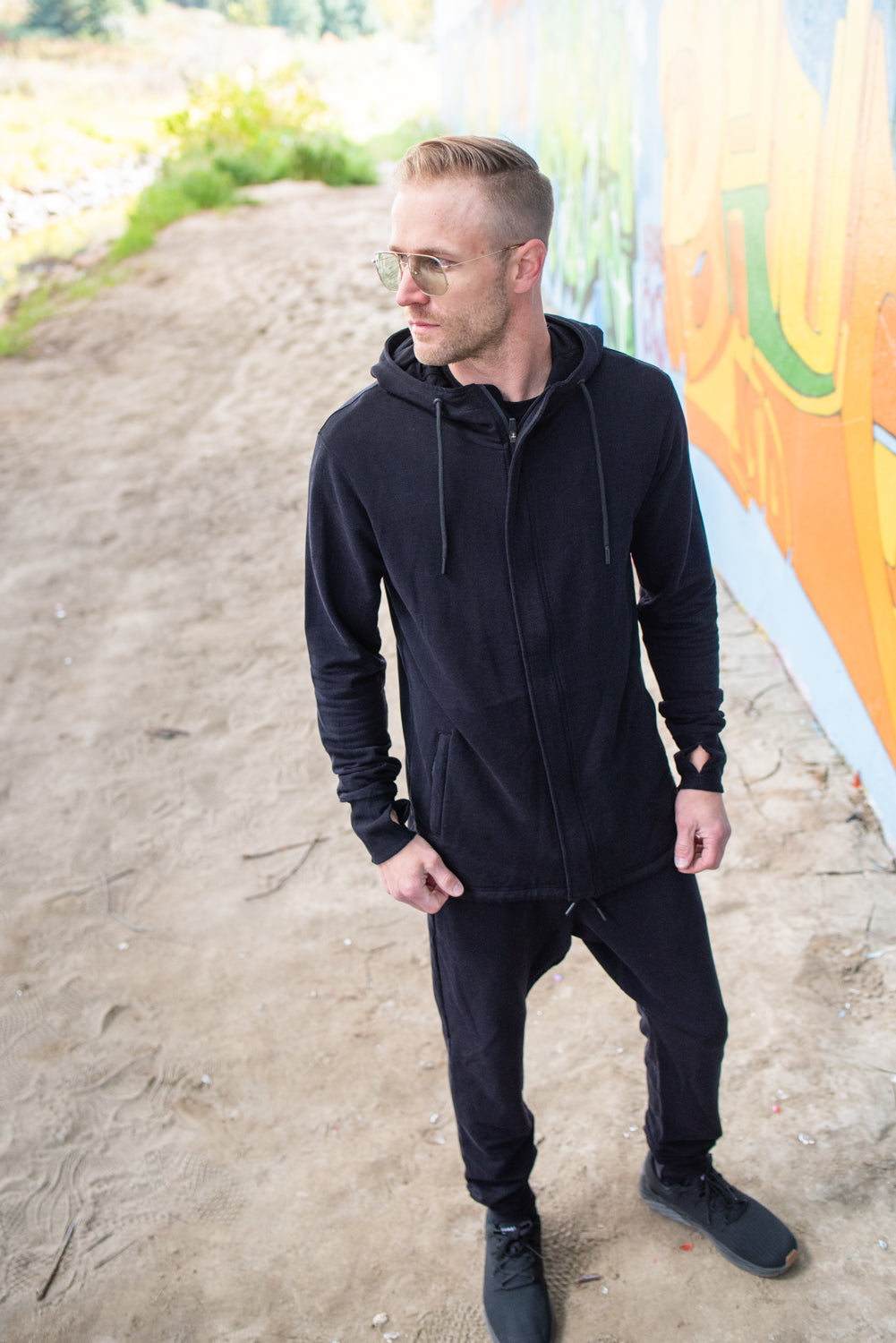 zip-up fleece hoodie worn with joggers