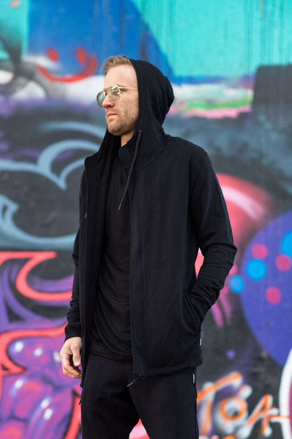 zip-up hoodie in black, men's